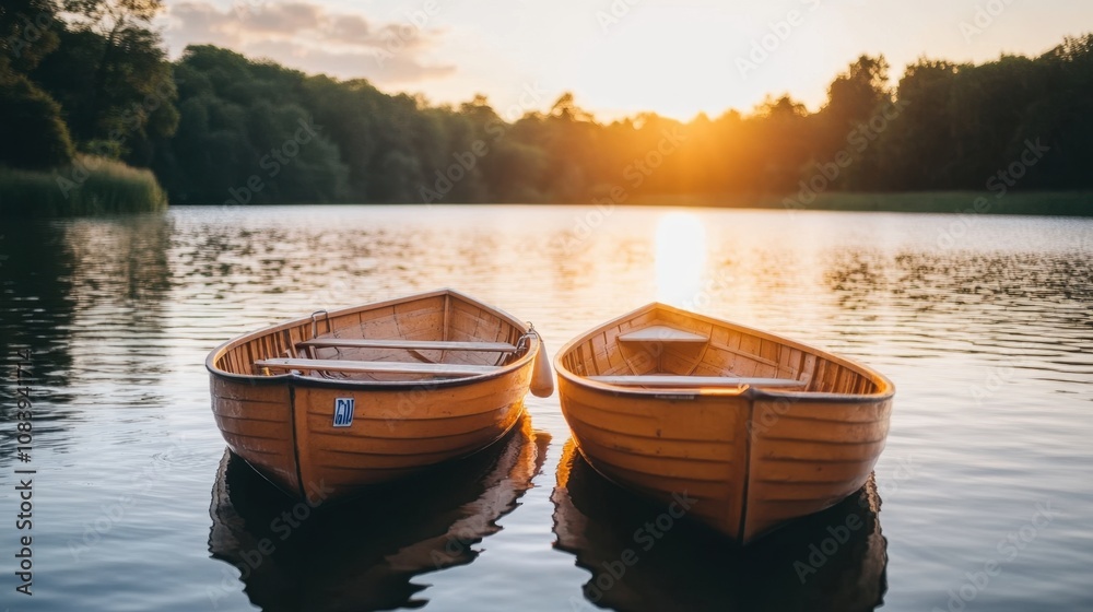 Fototapeta premium Serene Sunset Over Calm Lake with Two Wooden Boats Gently Floating Amidst the Reflections of Nature and a Golden Horizon in the Background