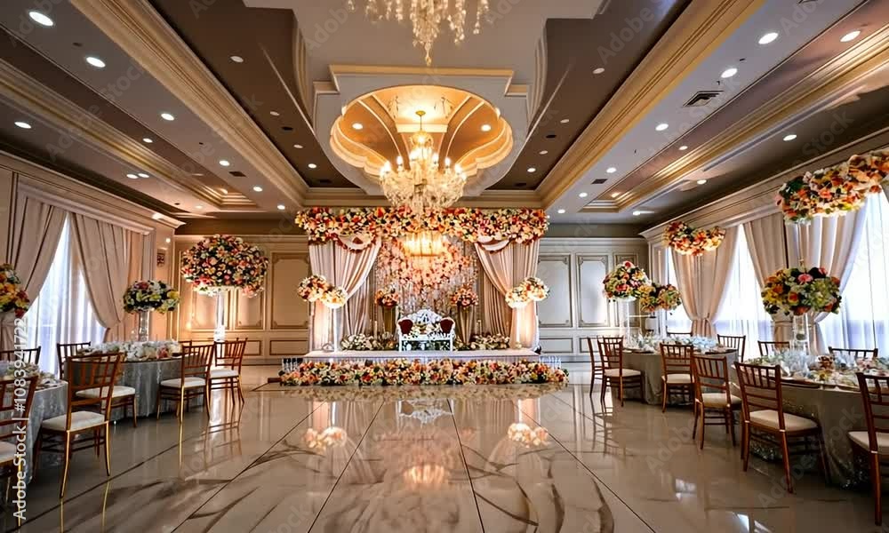 Lavish wedding reception hall with elegant decor, floral arrangements, chandeliers, and gold chiavari chairs.