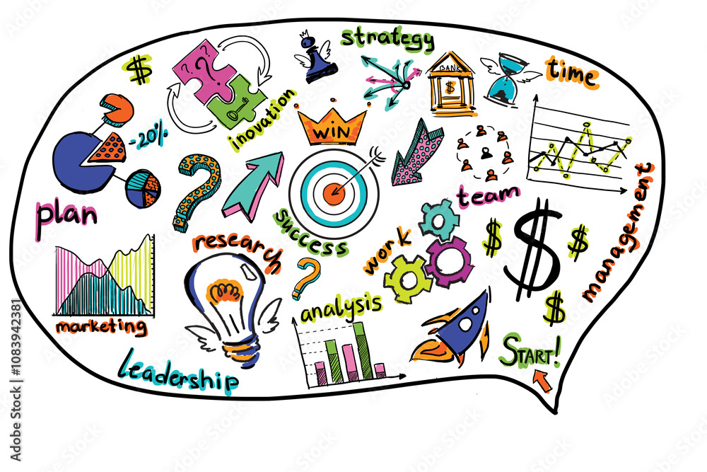 Obraz premium Hand-drawn business icons, such as graphs, puzzle pieces, and gears, illustrating success, innovation, and teamwork. Set on a white background. Concept of planning and management