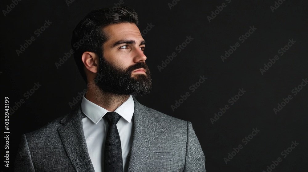 Obraz premium A stylish man with a beard poses in a patterned suit against a dark background, exuding confidence and sophistication.