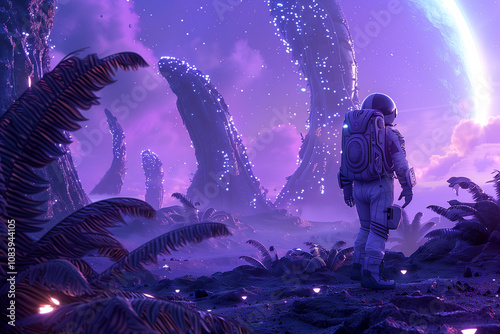 An astronaut standing on the surface of an alien planet, surrounded by towering, bioluminescent plants and strange creatures.