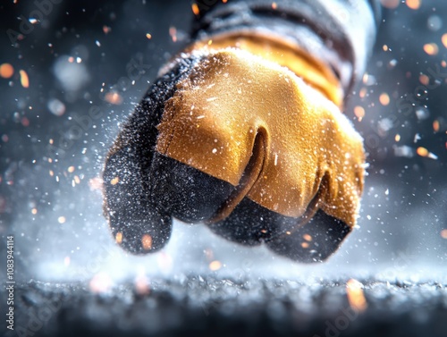 close-up of a gloved fist striking a surface with sparks and dust