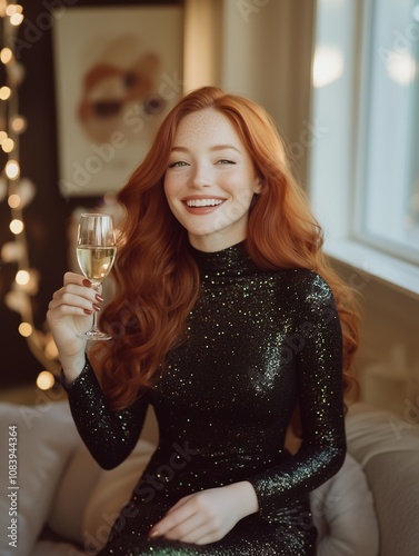 a beautiful 25yo woman with long red hair in a black high neck glitter dress smiling holding a glass of chapagne inside a livingroom, christmas lights or silvester lights in the background photo