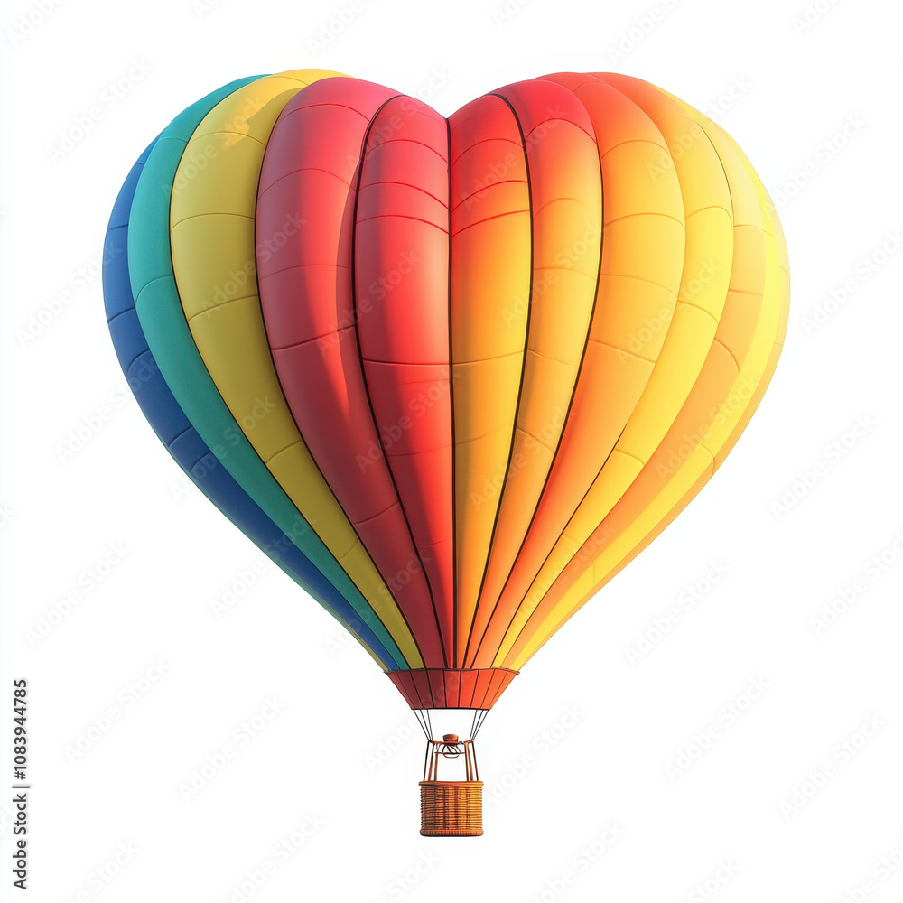 Fototapeta premium colorful hot air balloon shaped like heart, symbolizing love and joy, floats gracefully in sky. Its vibrant colors create cheerful atmosphere
