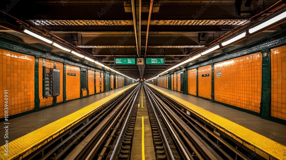 Fototapeta premium Empty Subway Platform with Orange Tiles and Parallel Train Tracks Leading into the Distance in a Metro Station Environment