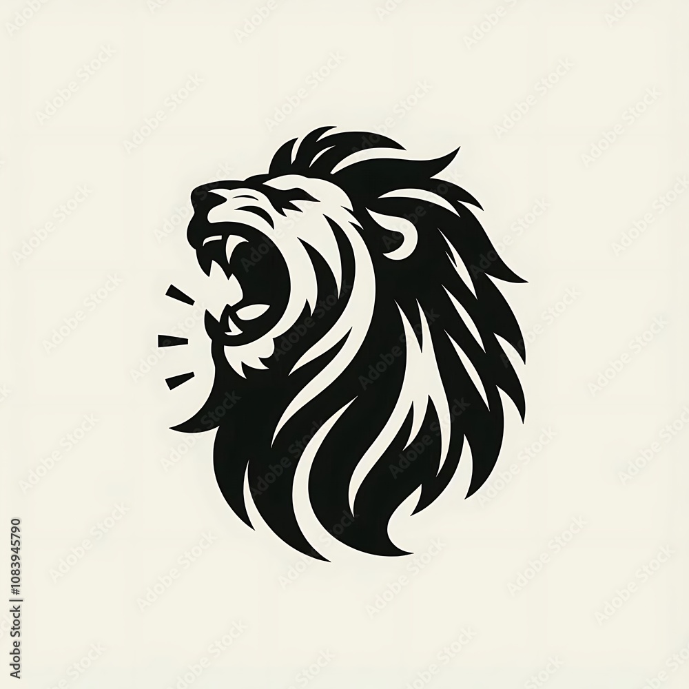 Obraz premium Roaring lion head, black and white vector illustration, stylized design.