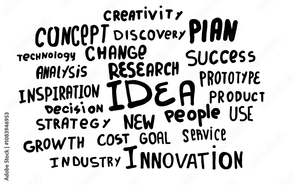 Obraz premium Hand-drawn words like innovation, idea, and research scattered on a white background, illustrating a brainstorming process with various strategic concepts