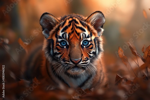close-up of a young tiger in a natural setting with autumn leaves