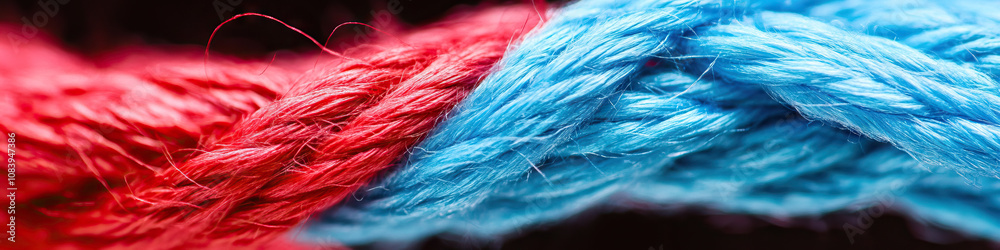 Fototapeta premium A close-up of intertwining red and blue thread, symbolizing communication.
