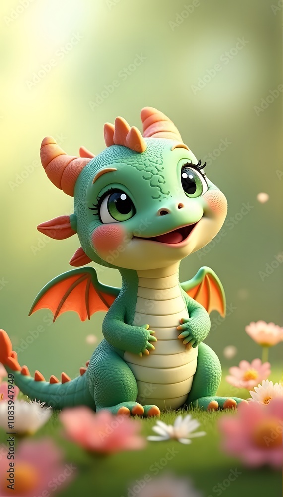 Naklejka premium Cute Baby Dragon with Bright Eyes in Nature