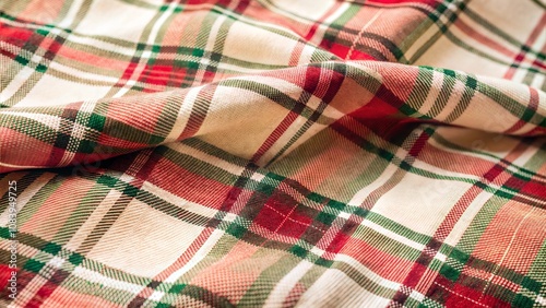 Close-up of festive plaid fabric featuring a classic pattern in red, green, and cream colors