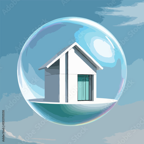 Modern house inside a transparent bubble, on a clear outdoor background, representing the concept of protection and property insurance. Generative AI