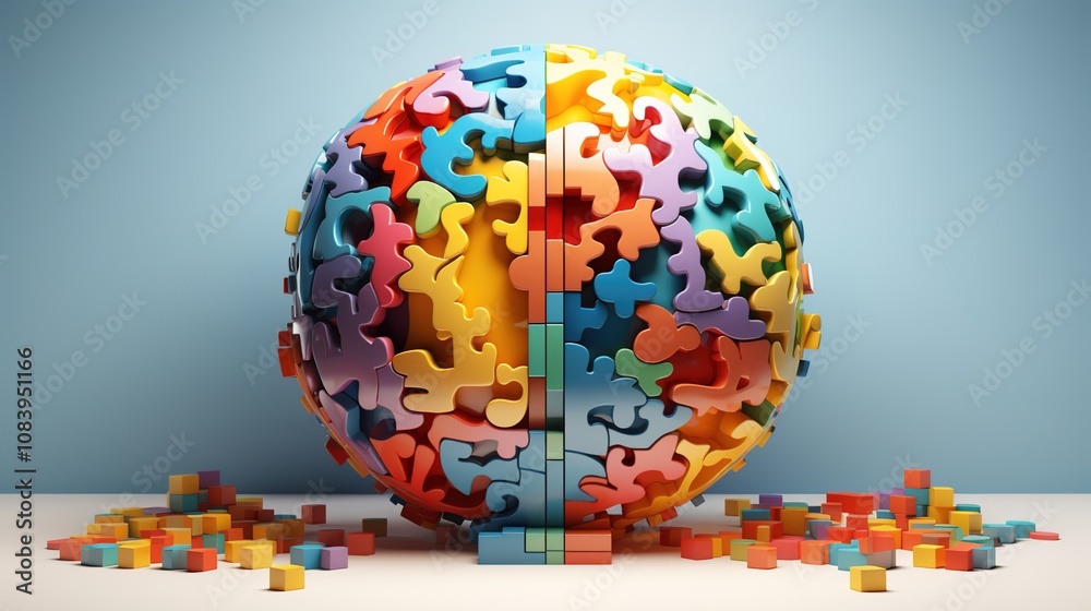 Vibrant 3D rendering of colorful puzzle pieces forming a brain shape ...