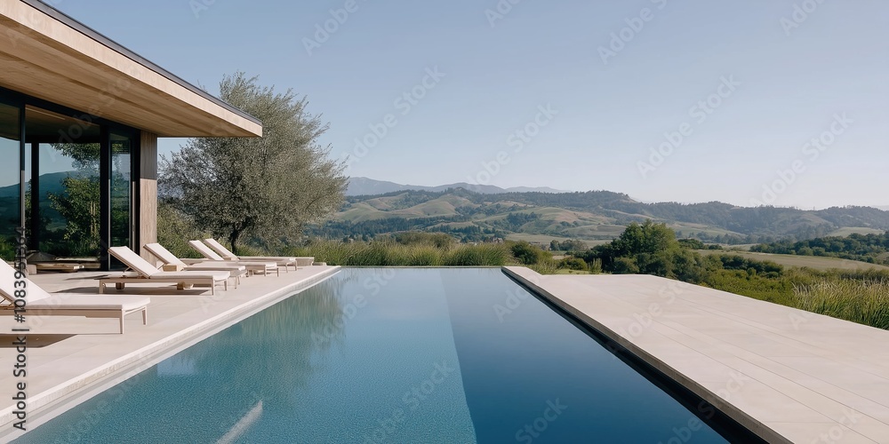 Fototapeta premium A large pool with a long, straight edge and a view of the mountains. The pool is surrounded by lounge chairs and a patio