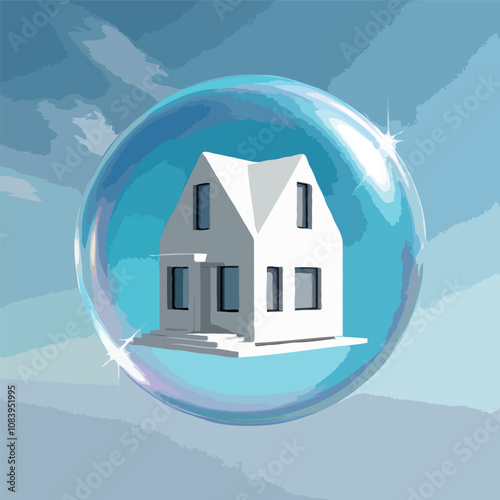 Modern house inside a transparent bubble, on a clear outdoor background, representing the concept of protection and property insurance. Generative AI