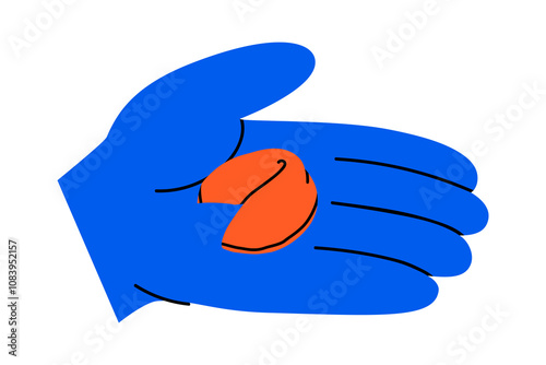 Hand drawn cute cartoon illustration hand with fortune cookie. Flat vector snack with prediction doodle. Sweet food in arm icon or sticker. Superstition symbol. Hope for best. Lunar New Year. Isolated