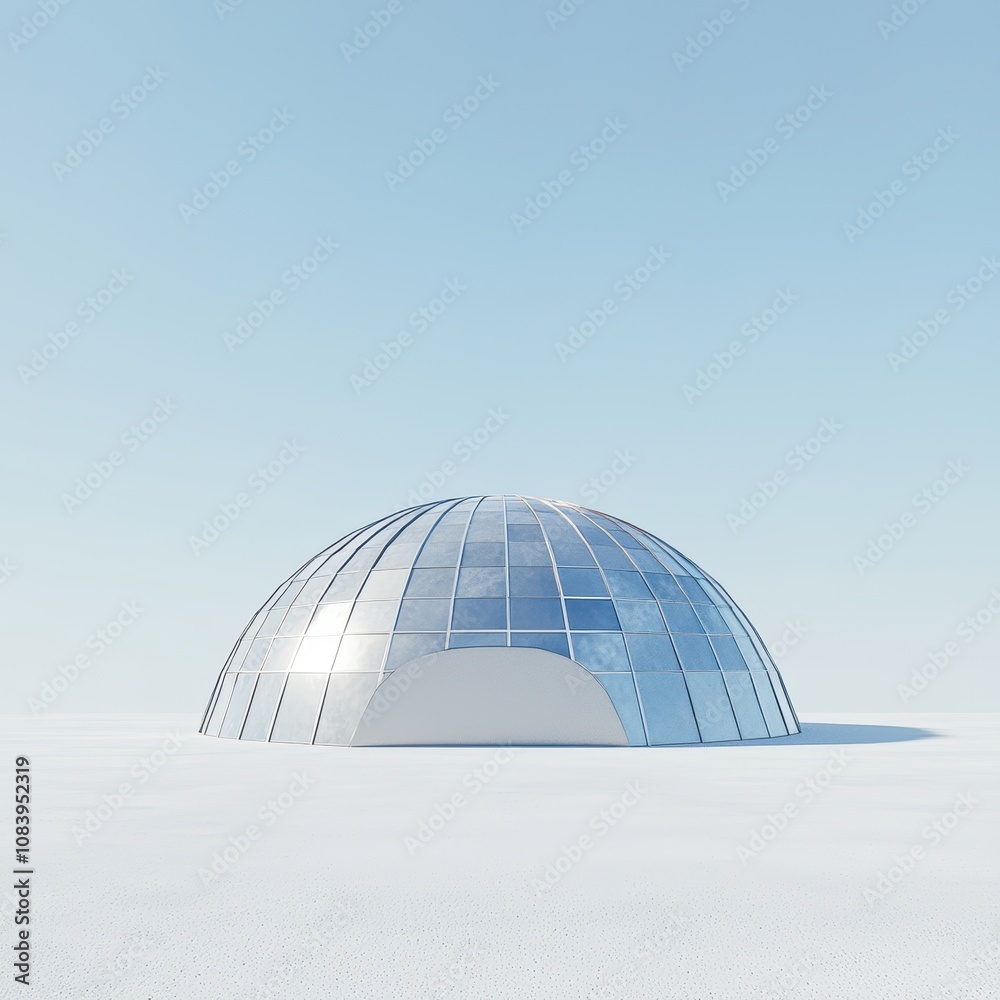 Fototapeta premium Futuristic Dome-Shaped Building with Metallic Texture and Gleaming Glass Windows Set Against a Clear Sky on a Minimalistic Landscape