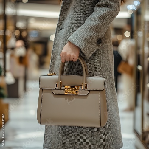 Female shopper holding a luxury handbag in an upscale store, representing style, fashion, and elegance in a retail setting