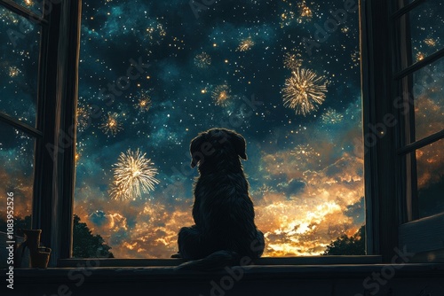 quiet reflection, a dog sits on a windowsill under a fireworks-lit sky, looking out thoughtfully photo