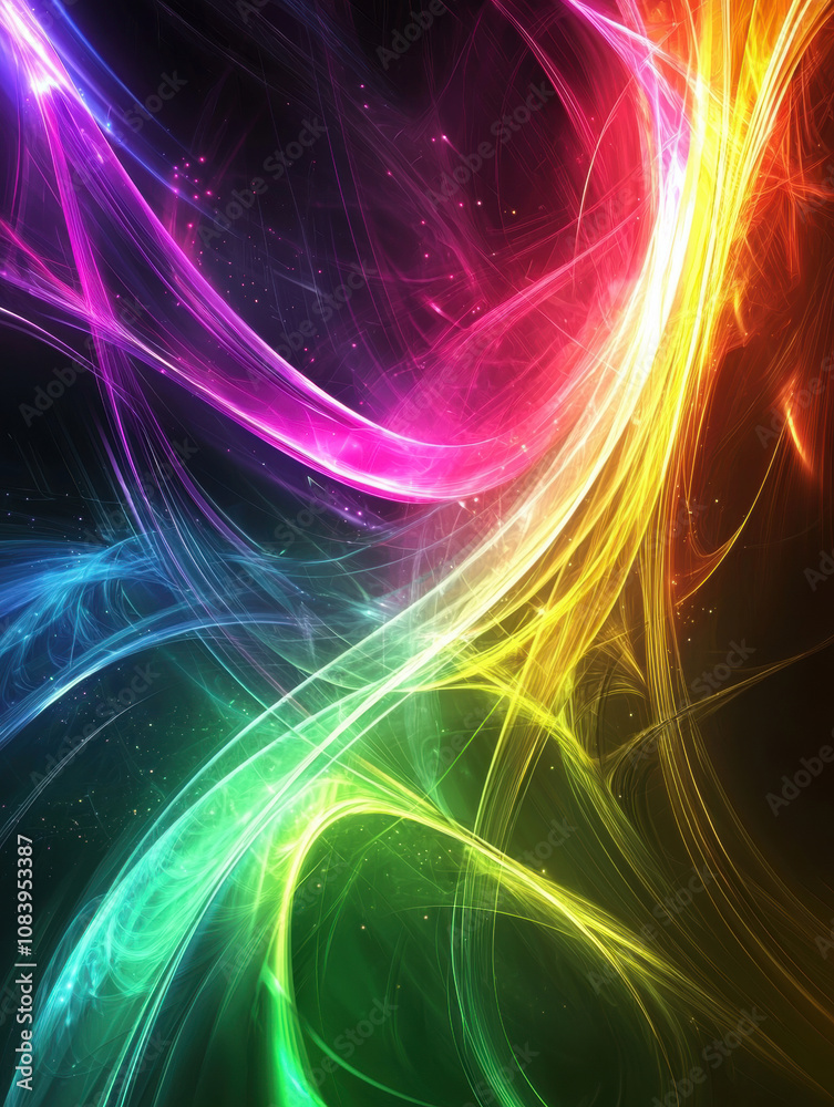 Obraz premium A glowing spectrum of rainbow light trails intertwining in a mesmerising display of energy.