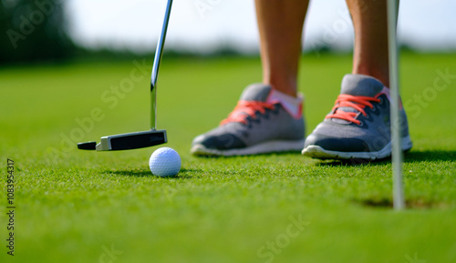 Quadro su tela Golf player preparing to putt on the green at a sunny golf course