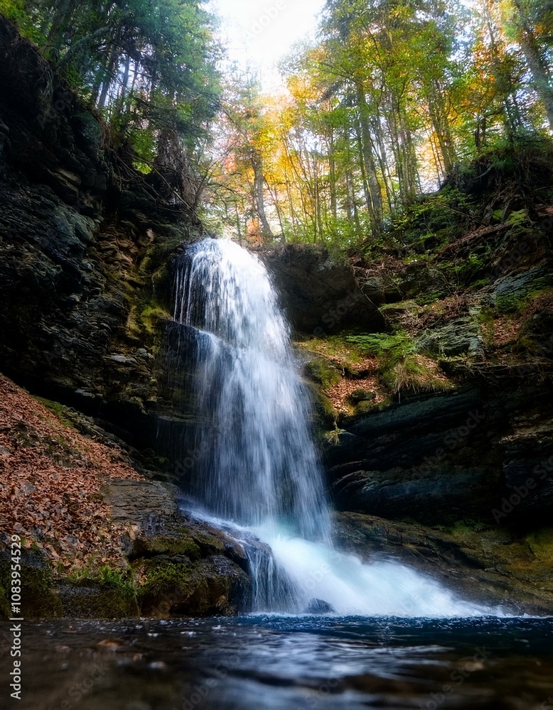 Obraz premium Cascada en medio de un bosque frondos, vista a ras de a cascada