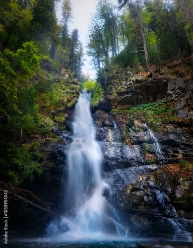 Cascada en medio de un bosque frondos, vista a ras de a cascada