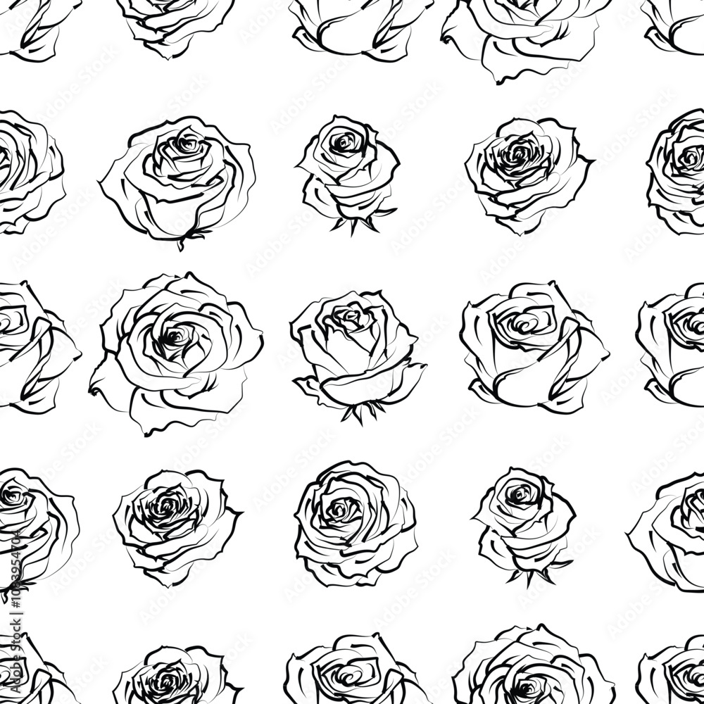 Fototapeta premium Seamless pattern with hand drawn rose flowers on white. Vector floral sketch background. Summer botanical doodle illustration. Monochrome outline design good for print fabric, wrapping paper, web