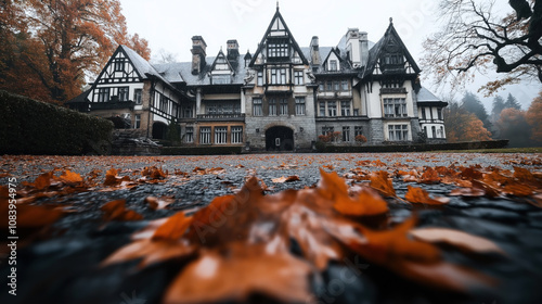 Large Tudor-style mansion with ornate architecture surrounded by autumn foliage and fallen leaves on a foggy day photo