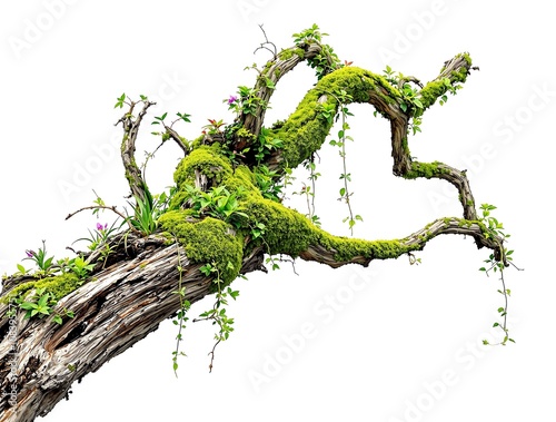 Twisted Jungle Vines with Moss and Orchid Leaves Isolated on White Background  photo