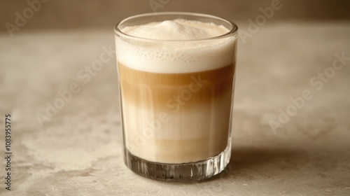 Transparent glass of coffee with a layer of frothy milk foam, clean and simple background