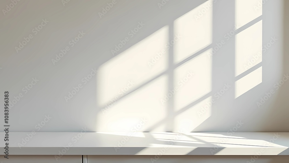 Fototapeta premium Interior of white room with empty table, sunlight casts shadows on white wall, clean space