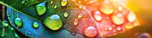 A cluster of vibrant water droplets on a leaf, reflecting sunlight. photo