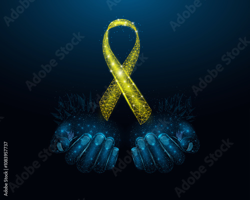 Two human hands are holds yellow ribbon awareness. Adenosarcoma, Bladder Cancer, Bone Cancer, Endometriosis, Sarcoma, Spina Bifida, Suicide awareness month concept. Abstract vector