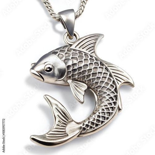 Close up of a Detailed Silver Fish Pendant Showcasing Intricate Craftsmanship. Generative AI photo