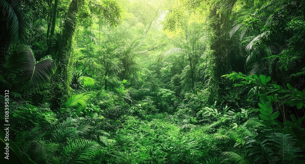 Obraz premium A dense jungle filled with lush greenery and towering trees