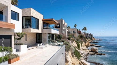 Modern luxury seaside homes with large windows and terraces overlooking a rocky coastline and clear blue ocean under a sunny sky. Palm trees and shrubs accentuate the coastal setting.