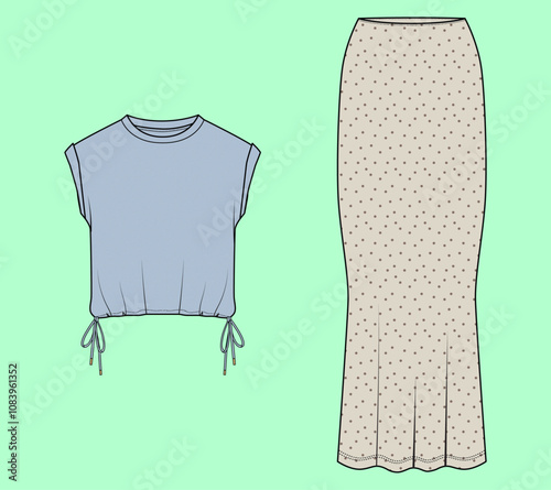 Ladies crop short sleeve t-shirt and midi skirt vector flat sketch outline fashion illustration template.