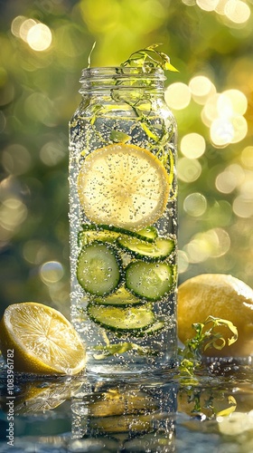 Refreshing cucumber lemonade drink nature beverage outdoor close-up healthy lifestyle photo