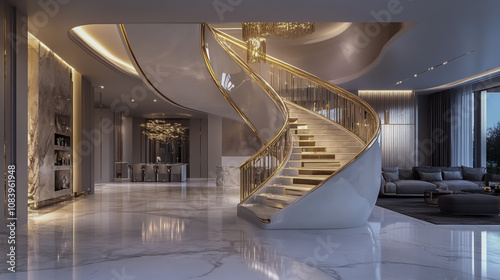 Elegant spiral staircase with luxurious gold railings, showcasing sophisticated architectural design