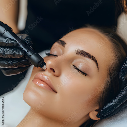A serene woman receives a skincare treatment, enhancing her facial features with precision using a specialized device.