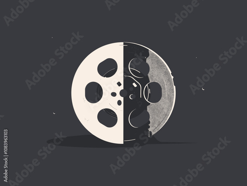 Black and white image of a wheel with a moon on it. The wheel is split in half, with the left half being a film reel and the right half being a moon. The image has a vintage and artistic feel to it
