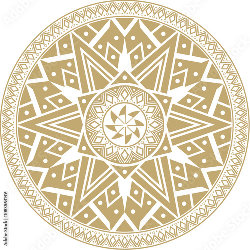 Native American vector round gold pattern. Geometric shapes in a circle. National ornament of the peoples of America, Maya, Aztecs, Inca