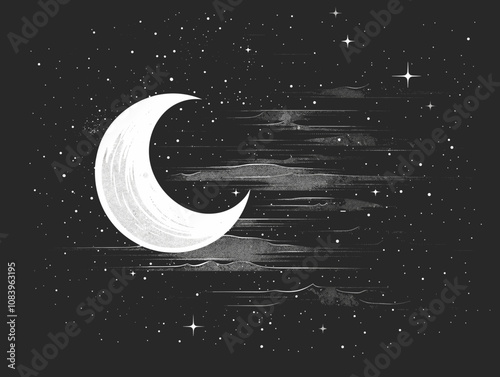 Crescent moon in the night starry sky. Vector illustration.