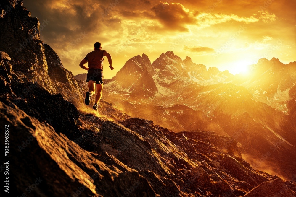 Fototapeta premium Trail runner training in mountains at sunset