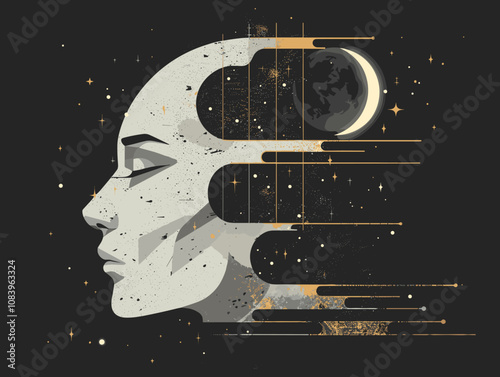Woman's face is shown with a moon and stars in the background. The image has a dreamy, ethereal quality to it, with the woman's face appearing to be made of stars