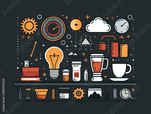 Flat line design modern vector illustration concept of business and technology with icons and elements.