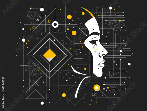 Woman's face is shown in a black and yellow background with a lot of dots and lines. The image is abstract and has a futuristic feel to it