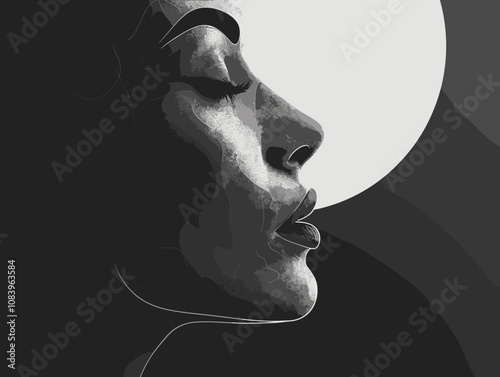 Woman's face is shown in black and white with a white circle in the background. Concept of loneliness and introspection