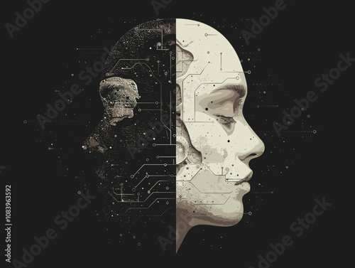 Woman's face is split in half, with the left half being a computer chip and the right half being a human face. Concept of technology and its impact on humanity
